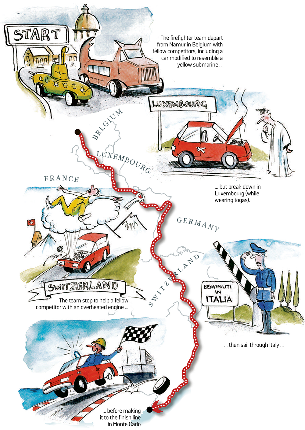 Monte Carlo or Bust rally route cartoon