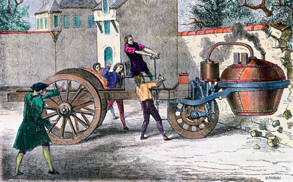 Old Engraving depicting the 1771 crash of Cugnot's steam-powered car into a stone wall.