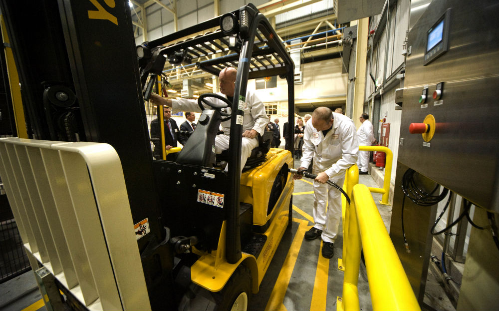 A forklift truck is refulled with Hydrogen at the Honda UK manufacturing facility in Swindon