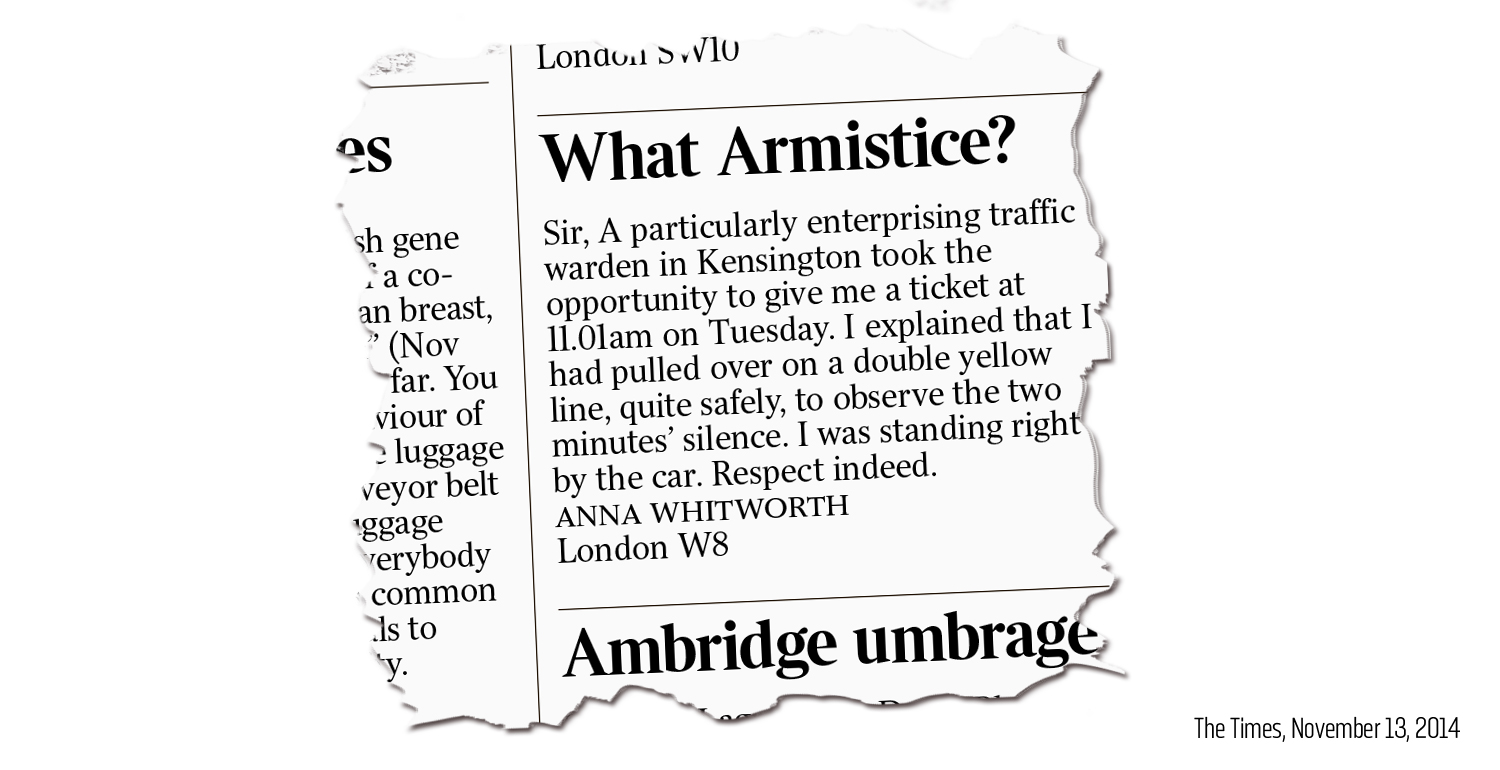 Anna Whitworth letter to The Times after receiving a parking ticket for observing the armistic day silence