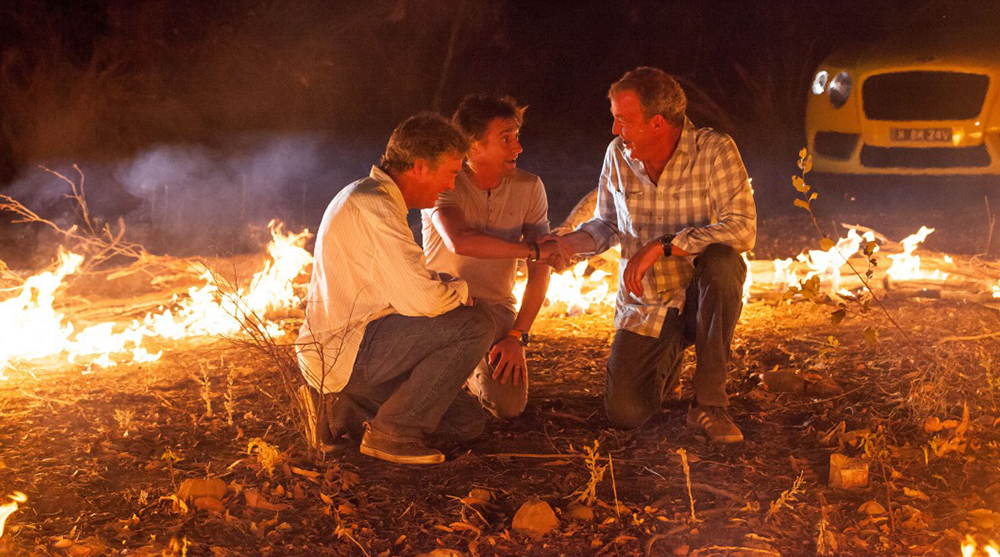 Top Gear Series 22 - Jeremy Clarkson, Richard hammond and James May sit around a camp fire