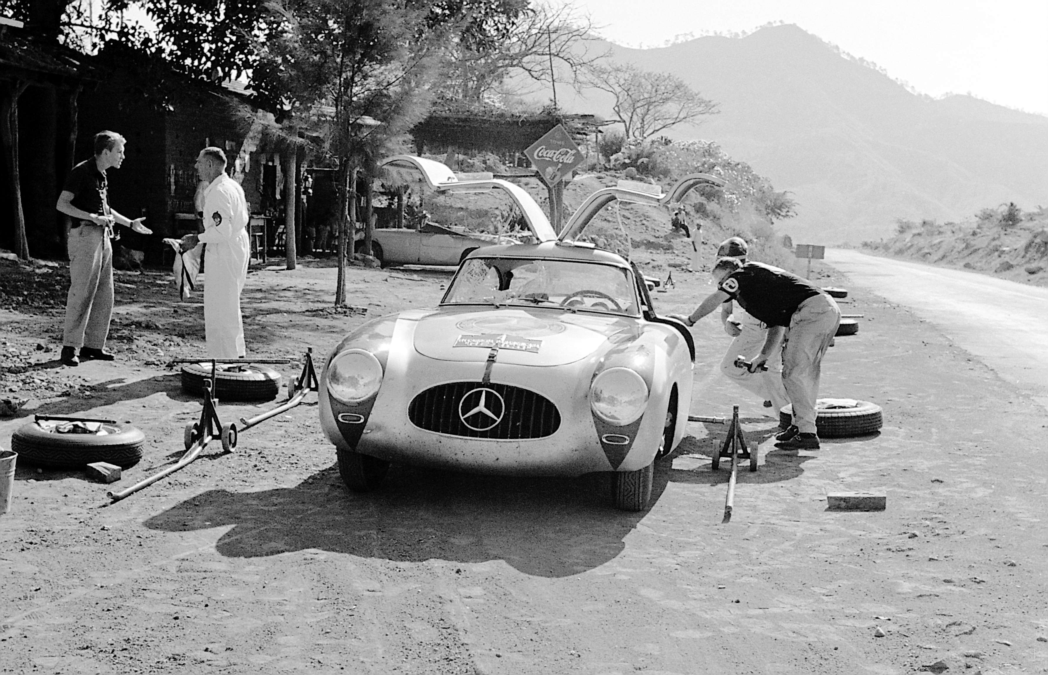The Mercedes 300SL of Karl Kling with its smashed windscreen - after hitting a vulture during the 1952 Carrera Panamericana race