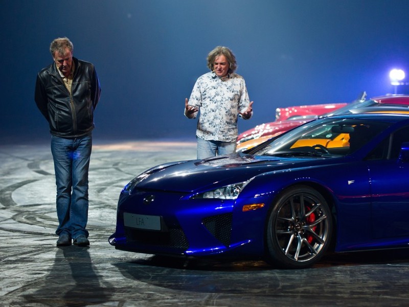 Jeremy Clarkson and James May inspect a Nissan GTR