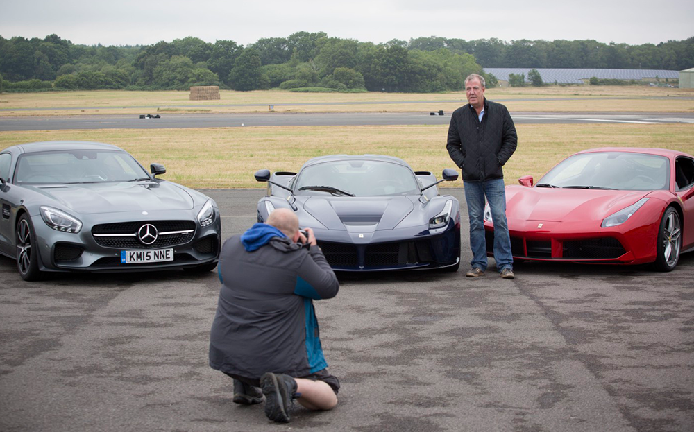 Jeremy Clarkson with Mercedes-AMG GT, Ferrari LaFerrari and Ferrari 488 GTB