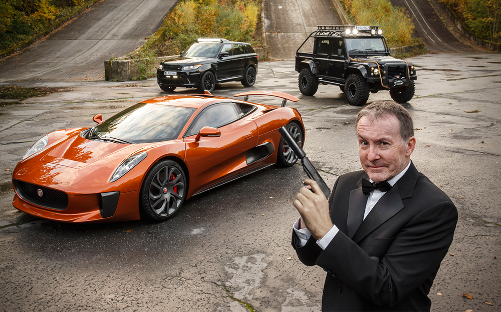 John Evans drive the Spectra James Bond villain cars: Jaguar C-X75, Land Rover Defender  and Range Rover Sport SVR