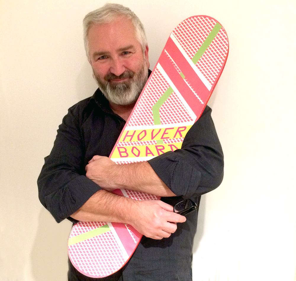 Danny Rogers with hoverboard from back to the future part 2