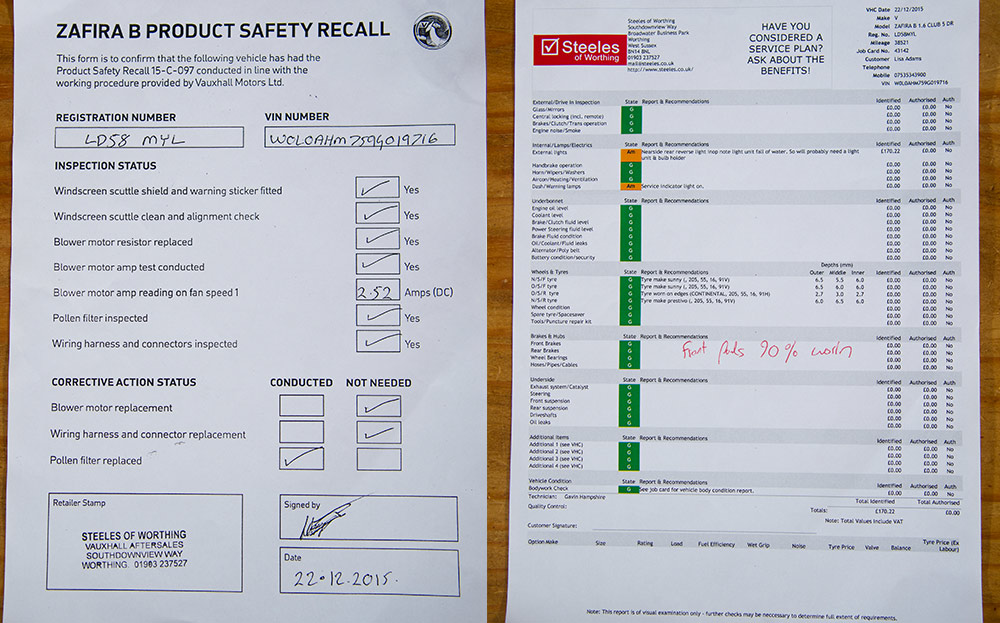 Steele's garage recall check list work sheet. Lisa Adams's Vauxhall Zafira caught fire after its safety inspection recall