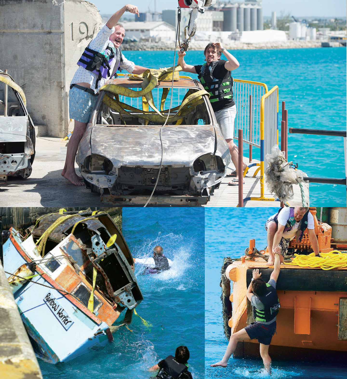 BANGERS AND SPLASH Clarkson and Hammond come up with an idea to build an artificial reef by dropping old cars into the sea in Barbados ­ — but things don’t go quite according to plan as their “car ferry” capsizes and they end up in the drink