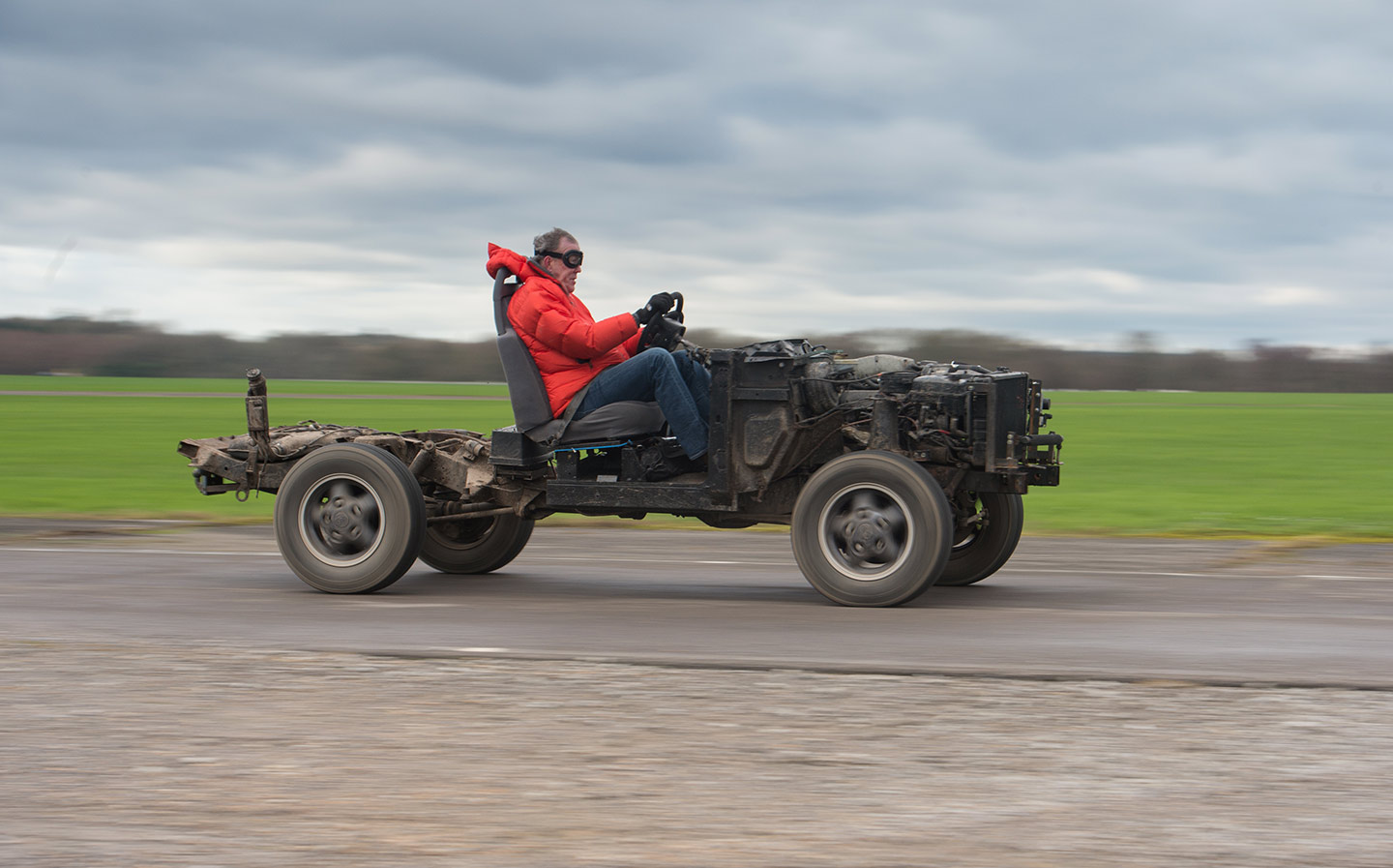 NAKED FRAME Clarkson at the wheel of “the Excellent”, a tractor-derived SUV