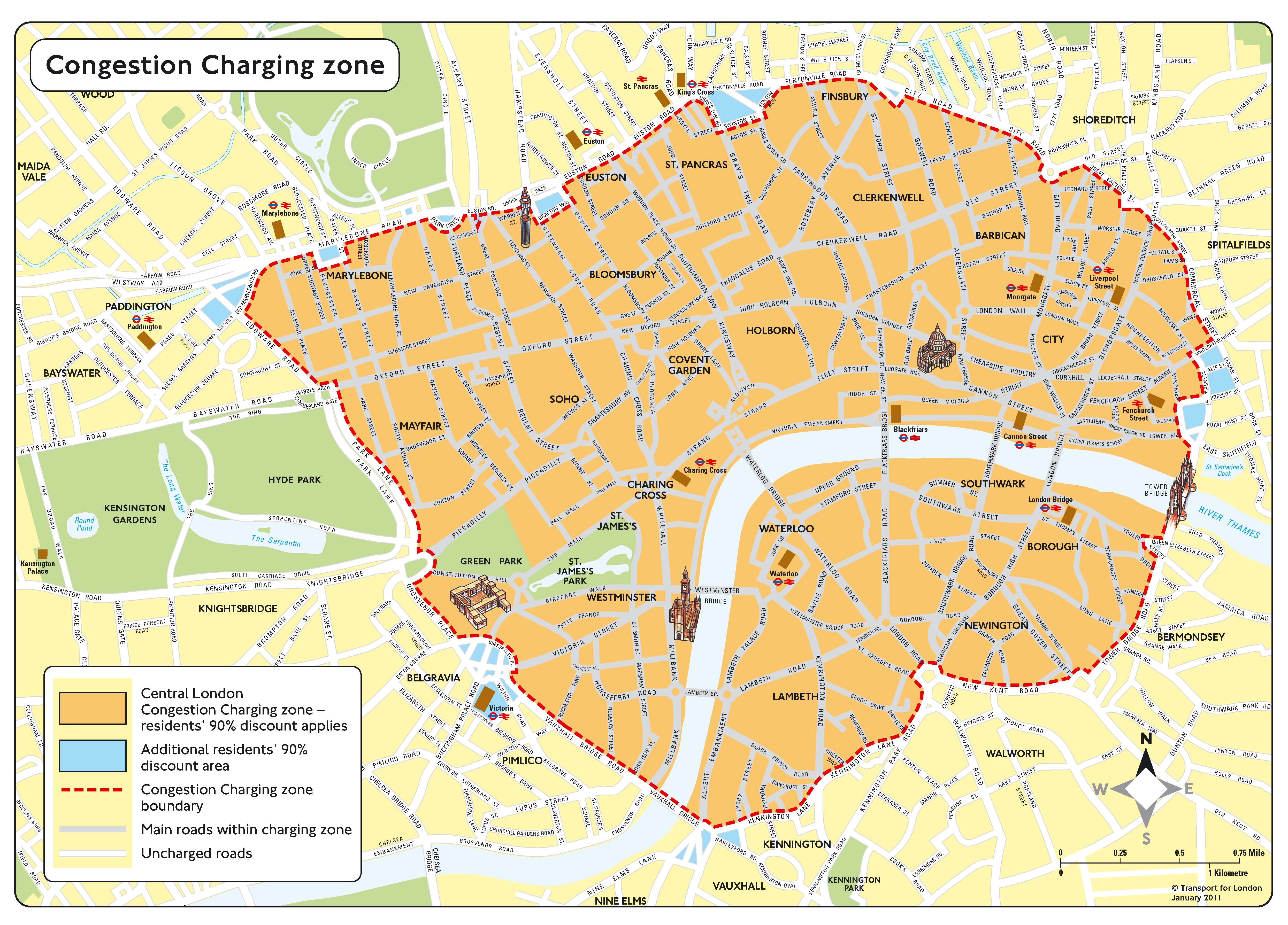 London Congestion Charge and T-Charge map boundary zone border