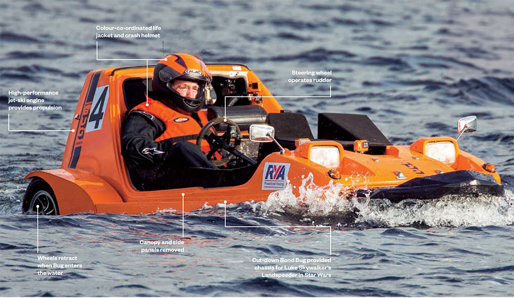 Jeremy Clarkson driving an amphibious Bond Bug, created for The Grand Tour season 2