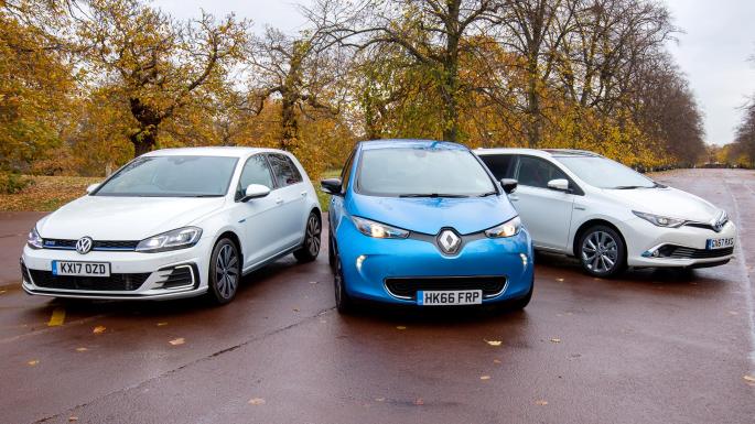 Renault Zoe electric car running costs vs VW Golf GTE plug-in hybrid and Toyota Auris Touring hybrid