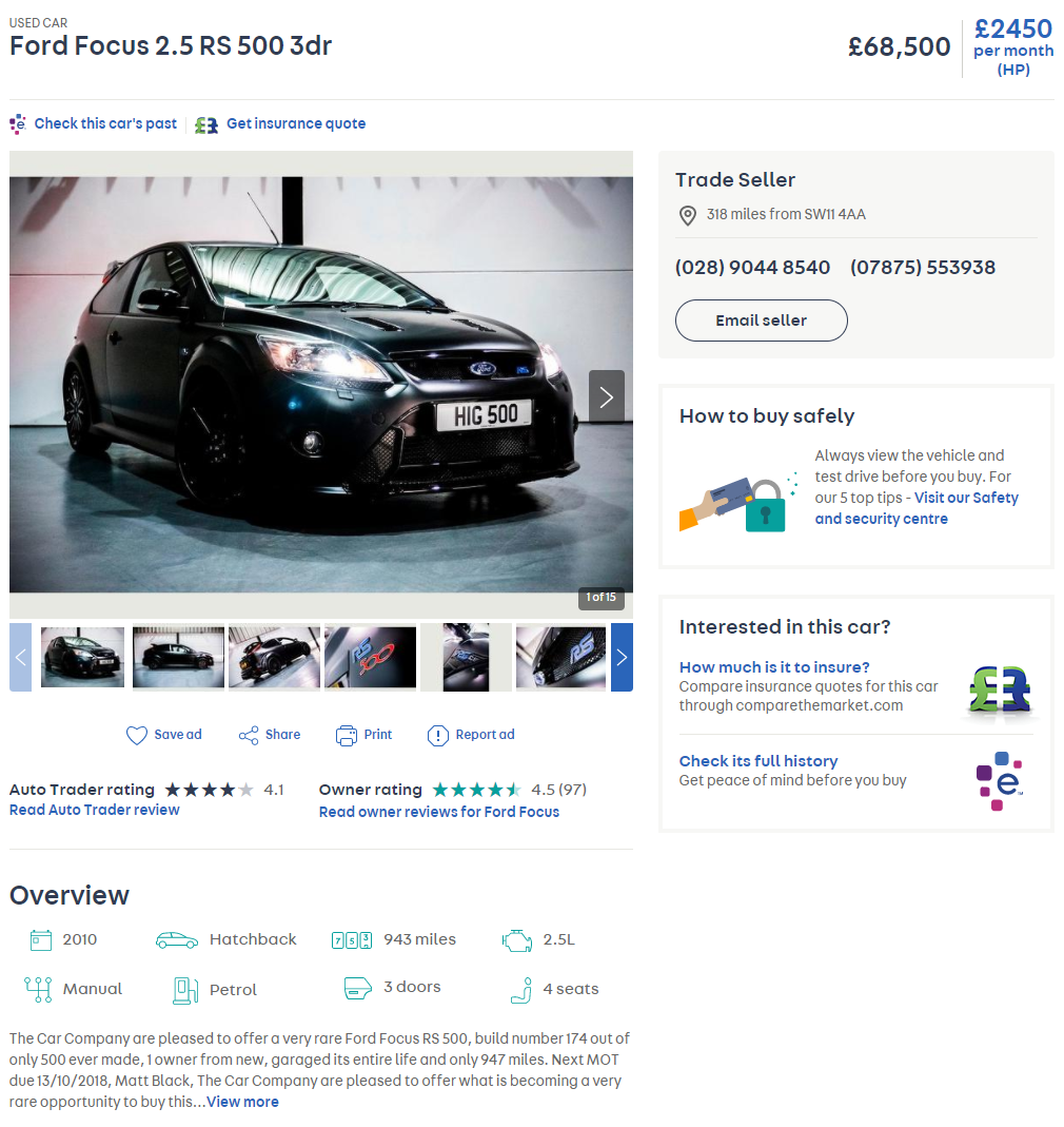2010 Ford Focus RS500 for sale for nearly £70,000