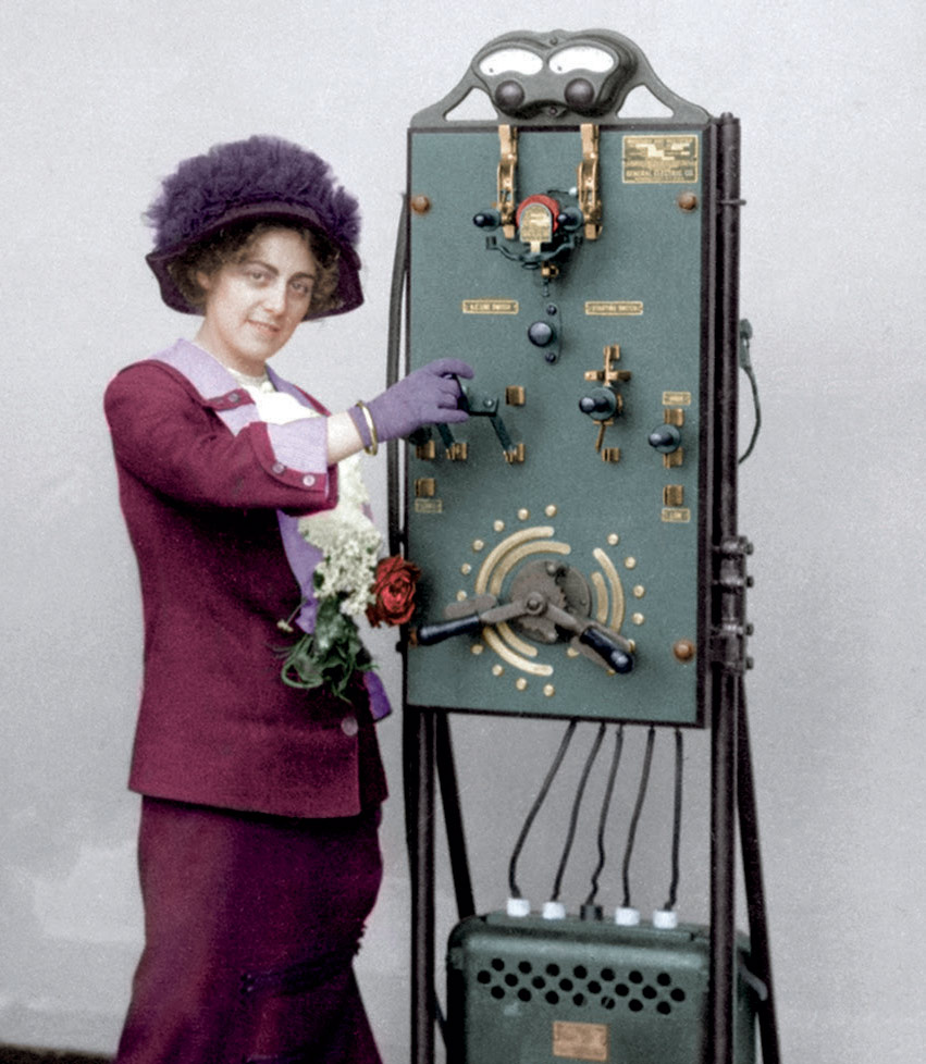 The Paper Time Machine book - colourised historical photos - lady charges her Colombia electric car in 1912