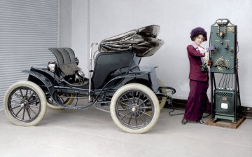 The Paper Time Machine book - colourised historical photos - lady charges her Colombia electric car in 1912