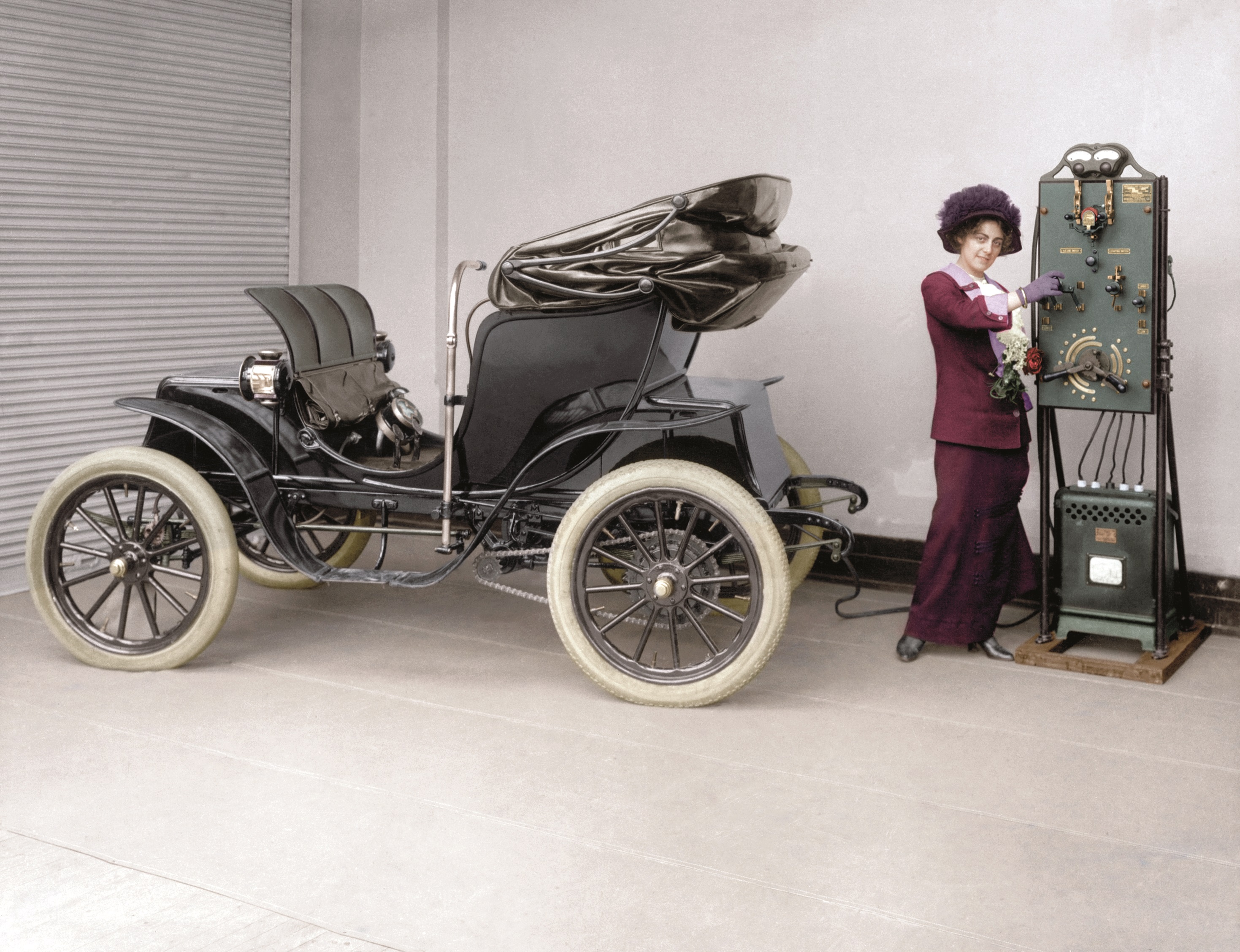 The Paper Time Machine book - colourised historical photos - lady charges her Colombia electric car in 1912