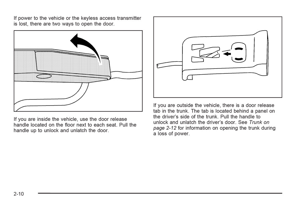 The owners' manual shows to how to manually open the doors of a Cadillac XLR, should the power fail.
