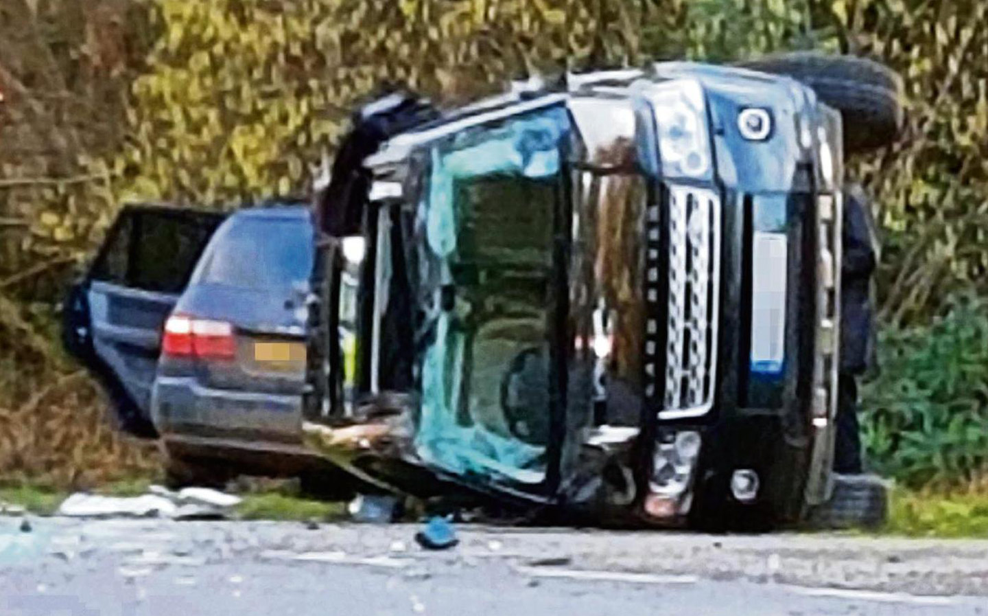 The Duke of Edinburgh’s Land Rover overturned in the collision near the Sandringham Estate. Two women in the other car were taken to hospital but later discharged THE MEGA AGENCY