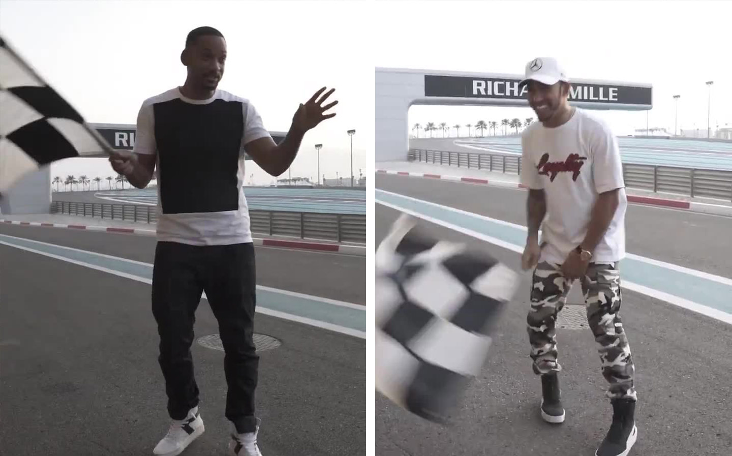 Will Smith shows Lewis Hamilton how to wave a chequered flag