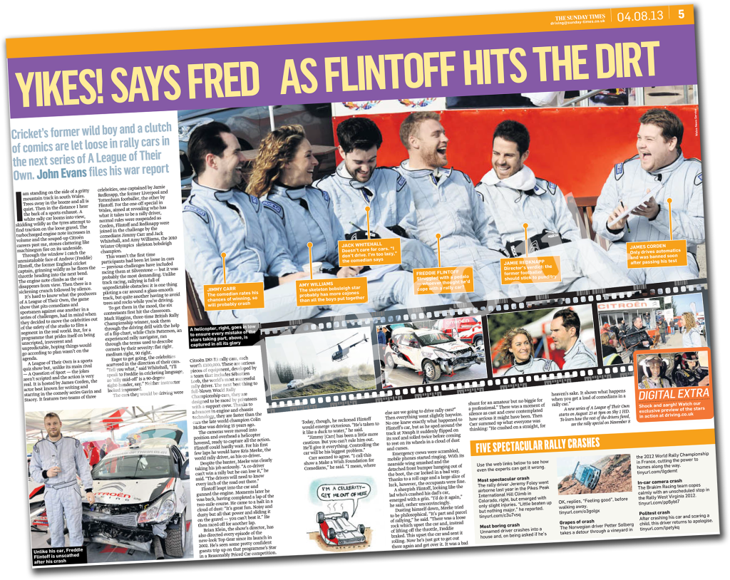 Sunday Times Driving 13 August 2013: Freddie Flintoff rally crash with A League of Their Own