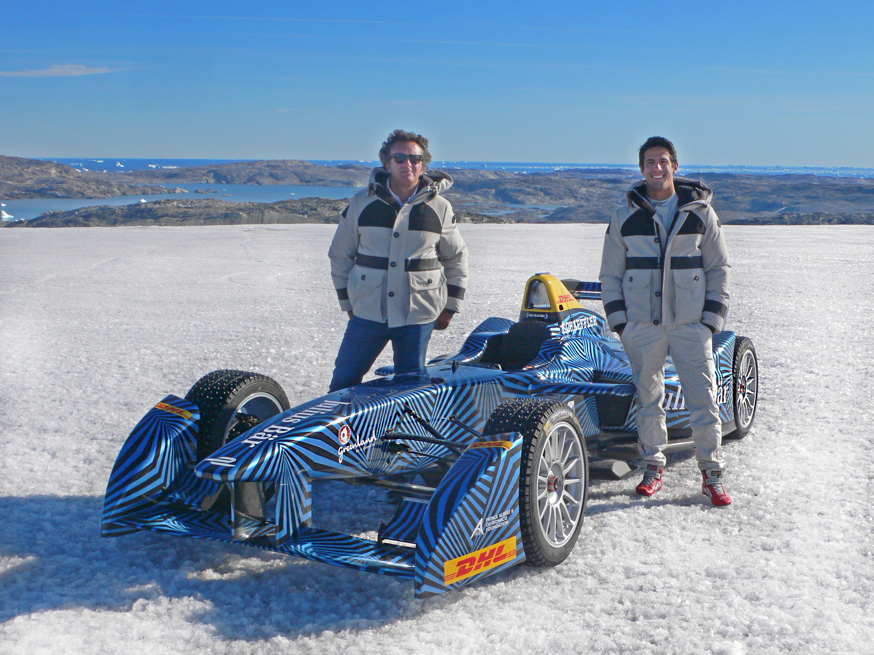 Alejandro Agag and Lucas di Grassi with pure-electric Formula E car runs on the Greenland Ice Cap