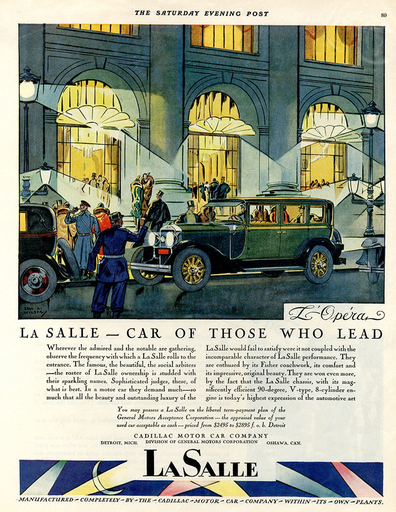 An advert for the GM LaSalle from a series showing the car in various European locations. Illustrated by Edward A. Wilson, c. 1927. © Courtesy of General Motors Company, LLC