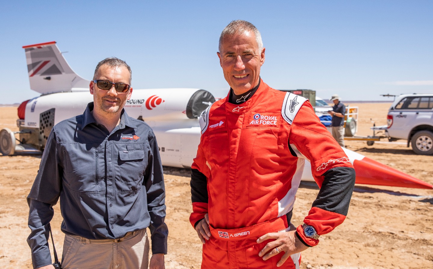 Ian Warhurst and Andy Green at Hakseen Pan, South Africa, during high speed testing of Bloodhound LSR.