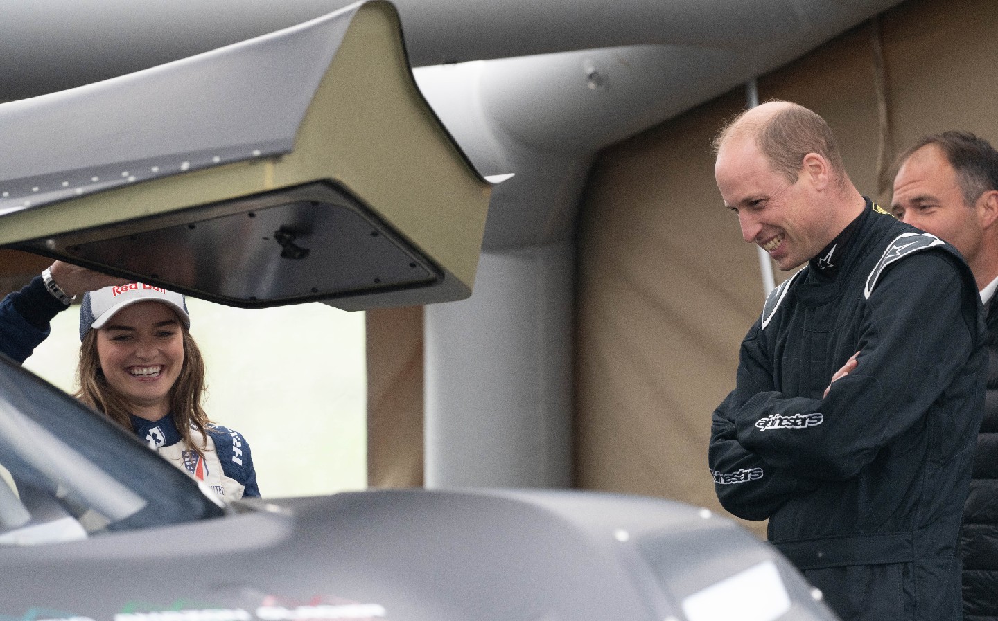 Prince William with Catie Munnings at Extreme E rally race test drive, Knockhill