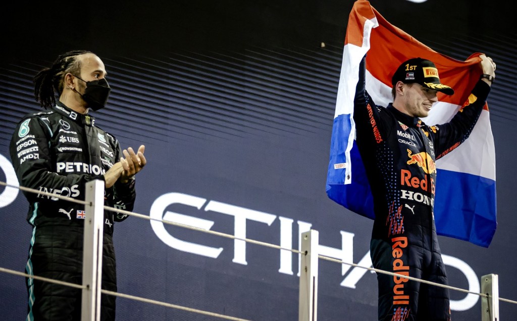 Max Verstappen and Lewis Hamilton, 2021 Abu Dhabi GP podium