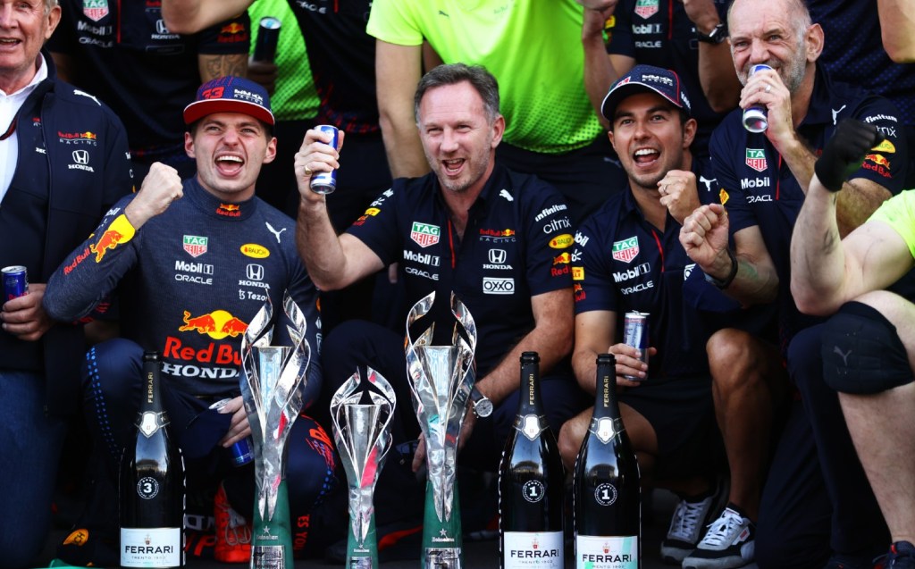 Max Verstappen, Christian Horner, Sergio Perez and Adrian Newey, Red Bull Racing