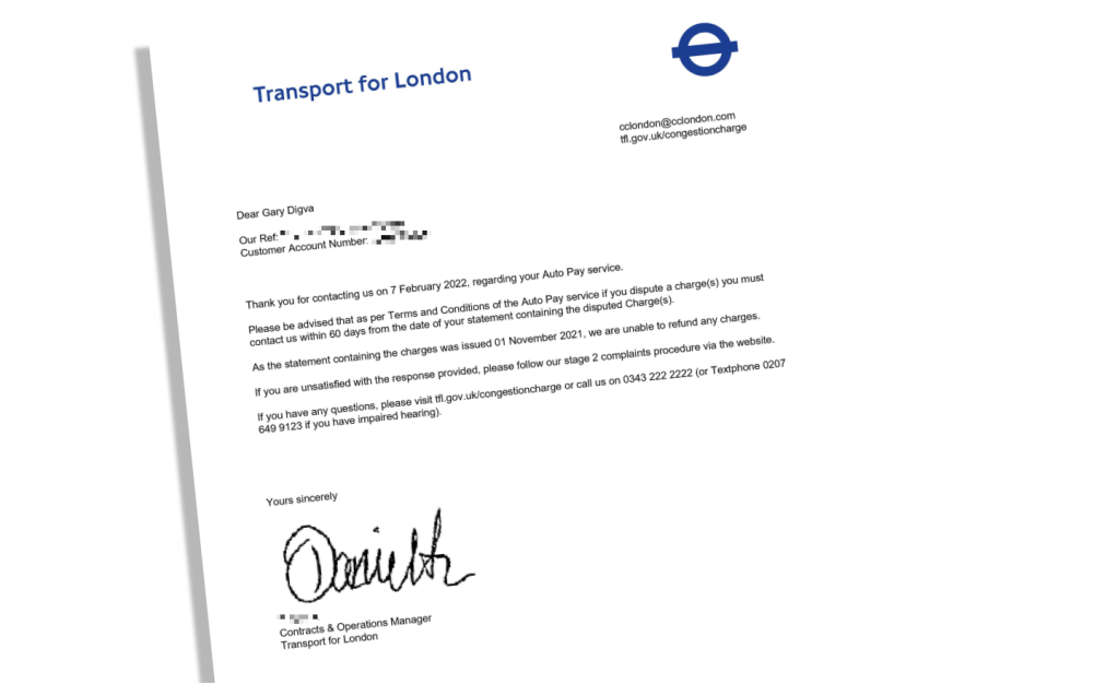 TfL Congestion Charge appeal reply to Gary Digva