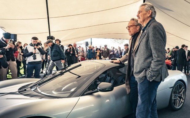 Duke of Richmond and Gordon Murray with the GMA T.33 supercar at Goodwood Members Meeting 2022
