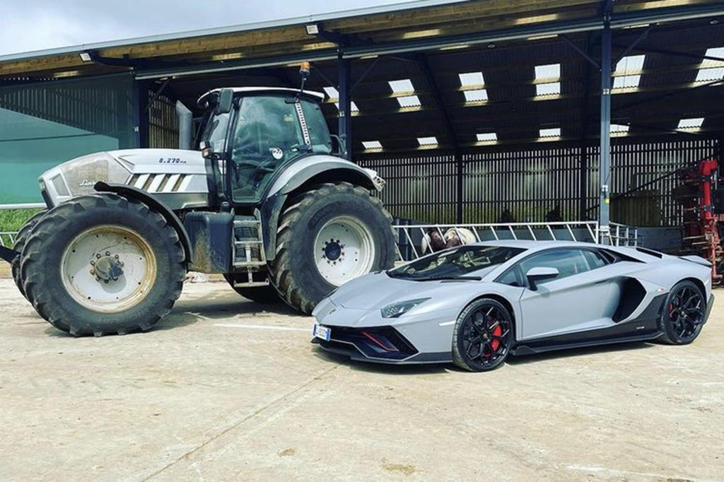 Jeremy Clarkson's Lamborghini tractor next to an Aventador Ultimae at his Diddly Squat farm