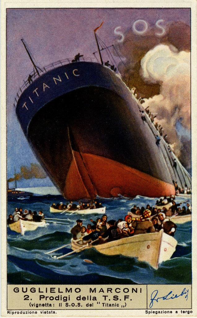Poster illustrating the role of Marconi radio in rescuing survivors of the RMS Titanic  
