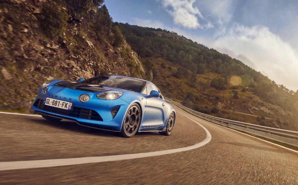Alpine A110 R on the road, front three-quarters, action