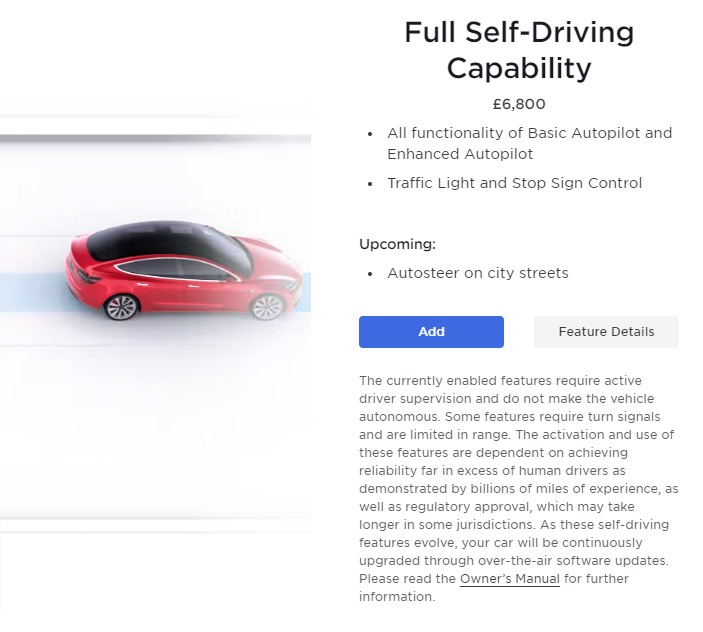 Tesla Full Self-Driving featured screengrab during online ordering for UK buyers