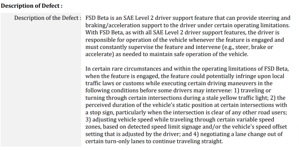 NHTSA description of Tesla FSD Beta defect