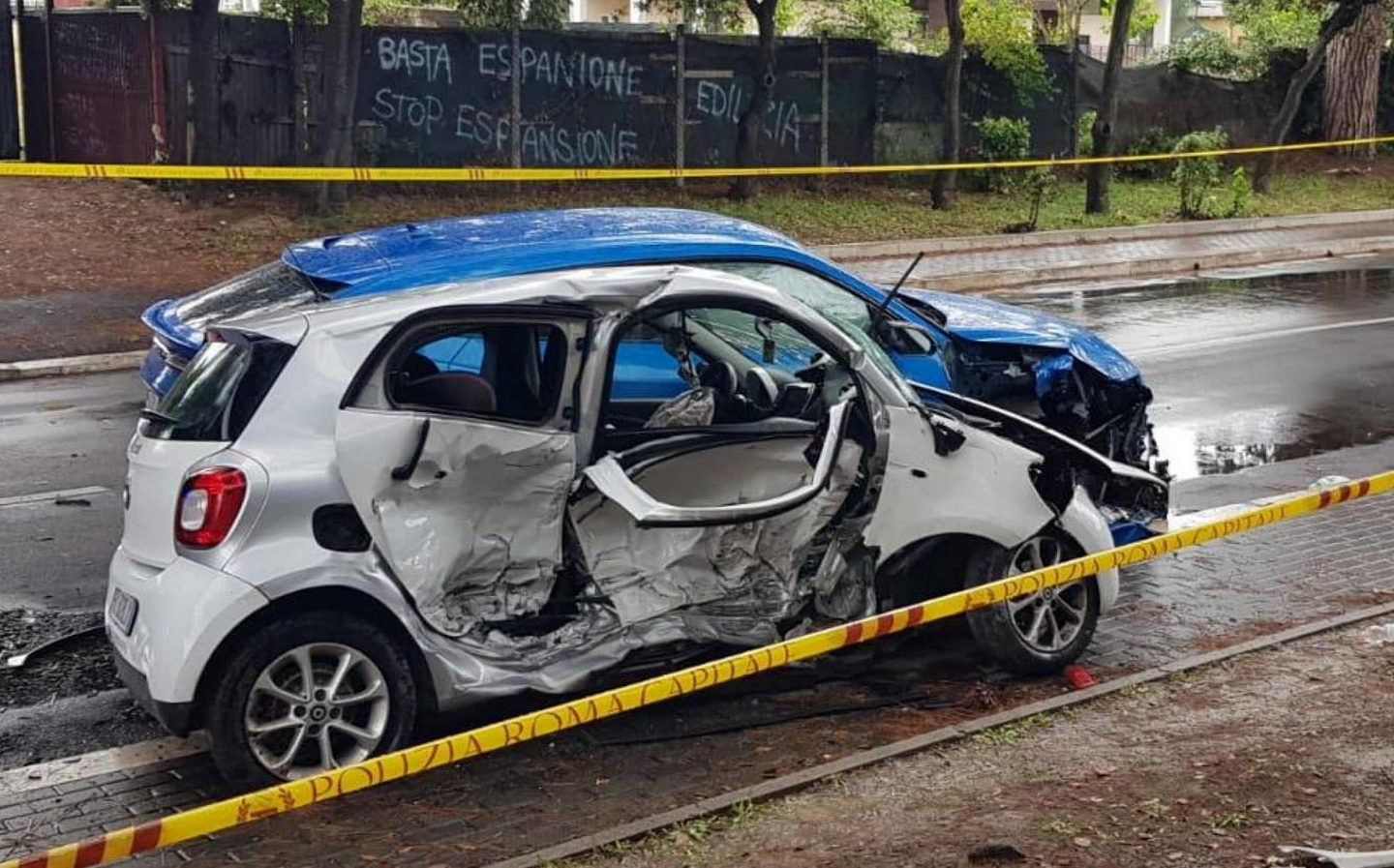 The site of the car crash in the Casal Palocco suburb of Rome