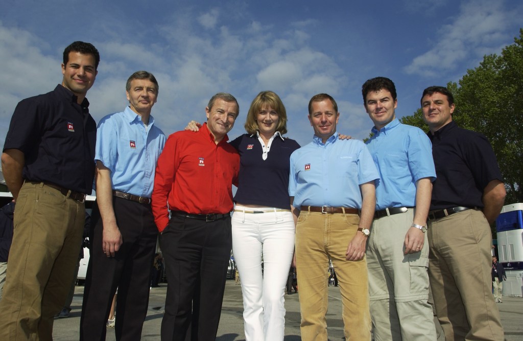 ITV commentators Ted Kravitz, Tony Jardine, Jim Rosenthal, Louise Goodman, Martin Brundle, James Allen and Mark Blundell during the San Marino Formula One Grand Prix held in Imola, Italy on April 14, 2002. DIGITAL IMAGE. (Photo by Tom Shaw/Getty Images)
