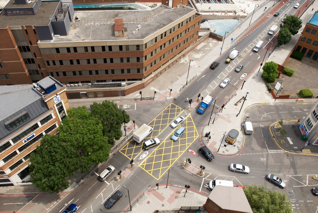 Aerial view of a yellow box junction, City Road, Finsbury, North London, UK. (Photo by BuildPix/Construction Photography/Avalon/Getty Images)