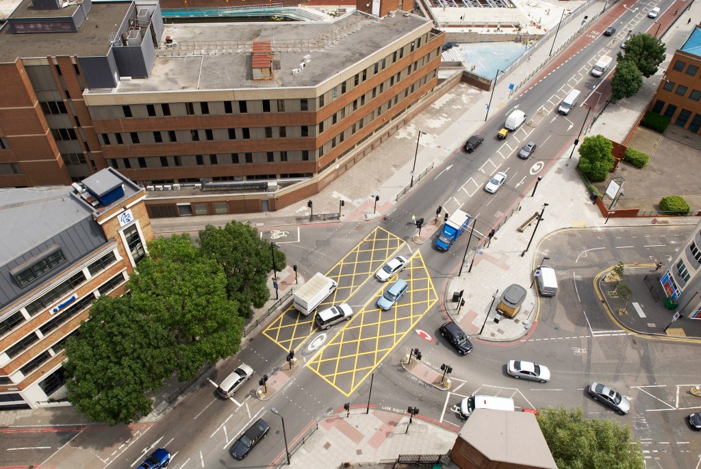 Aerial view of a yellow box junction, City Road, Finsbury, North London, UK. (Photo by BuildPix/Construction Photography/Avalon/Getty Images)