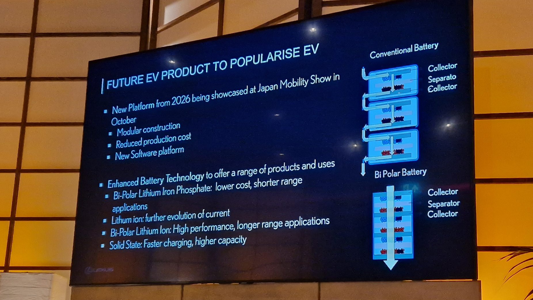 A slide during the Lexus LM briefing showed the range of battery technologies being developed.