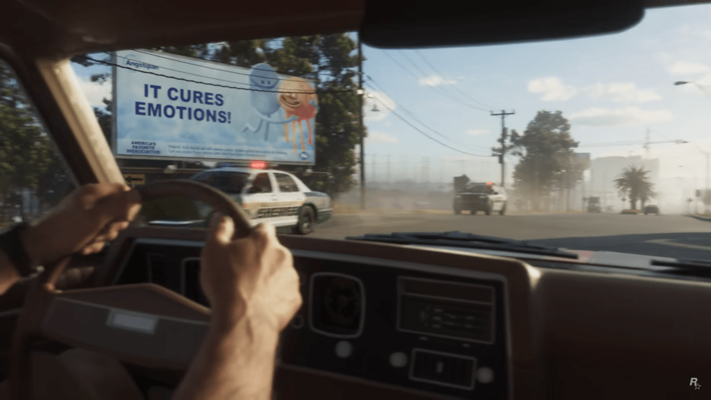GTA VI trailer cops pass main characters in their car