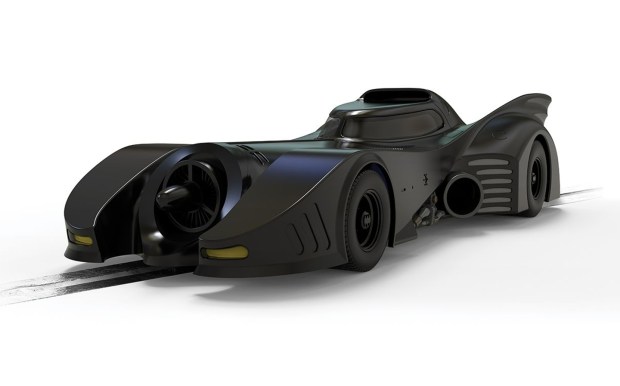 Scalextric's 1989 Batmobile slot racing car on white background