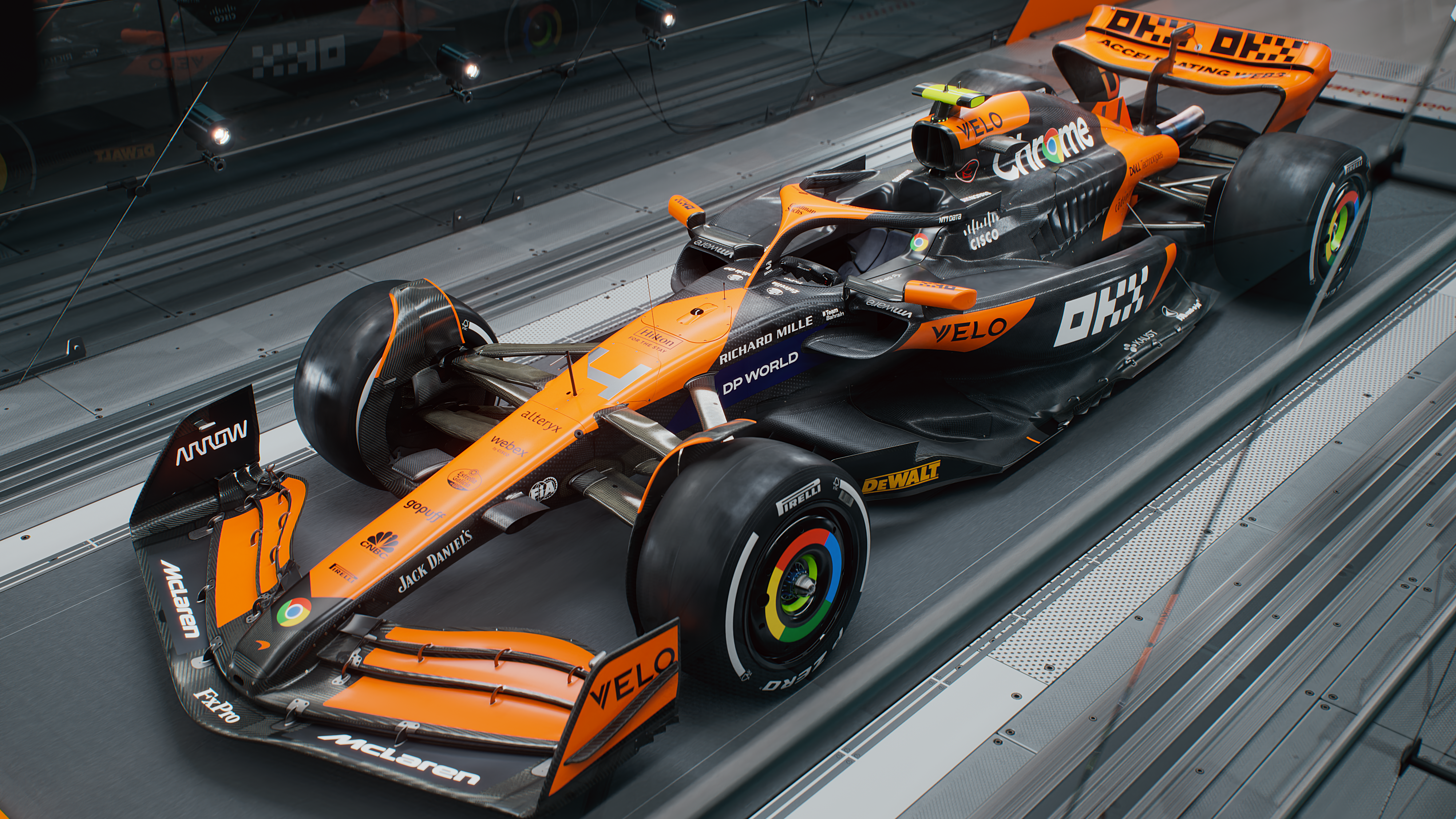 McLaren MCL38 F1 car for 2024, pictured on rolling road for the livery launch