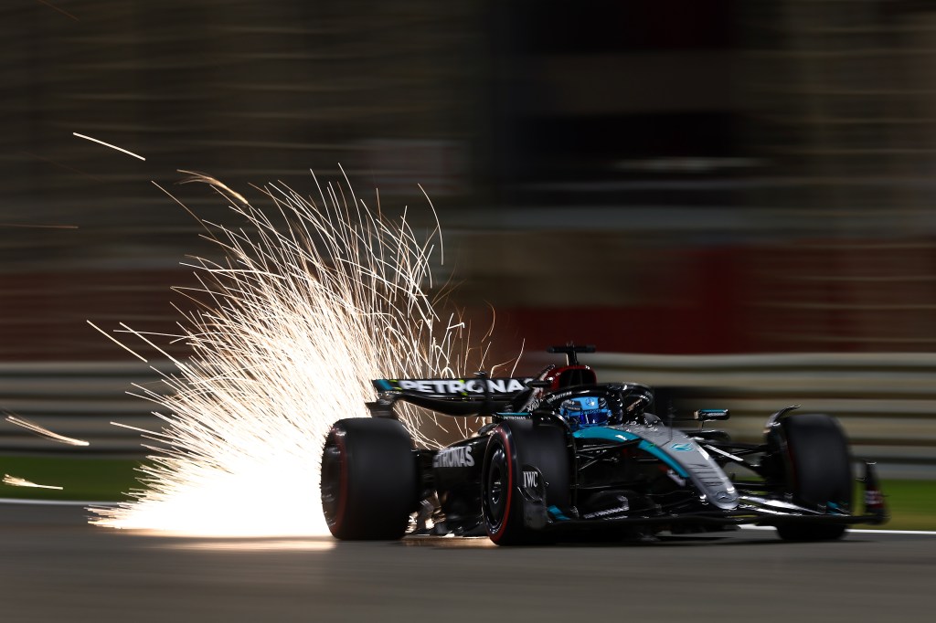 BAHRAIN, BAHRAIN - MARCH 02: George Russell of Great Britain driving the (63) Mercedes AMG Petronas F1 Team W15 during the F1 Grand Prix of Bahrain at Bahrain International Circuit on March 02, 2024 in Bahrain, Bahrain. (Photo by Bryn Lennon/Getty Images)