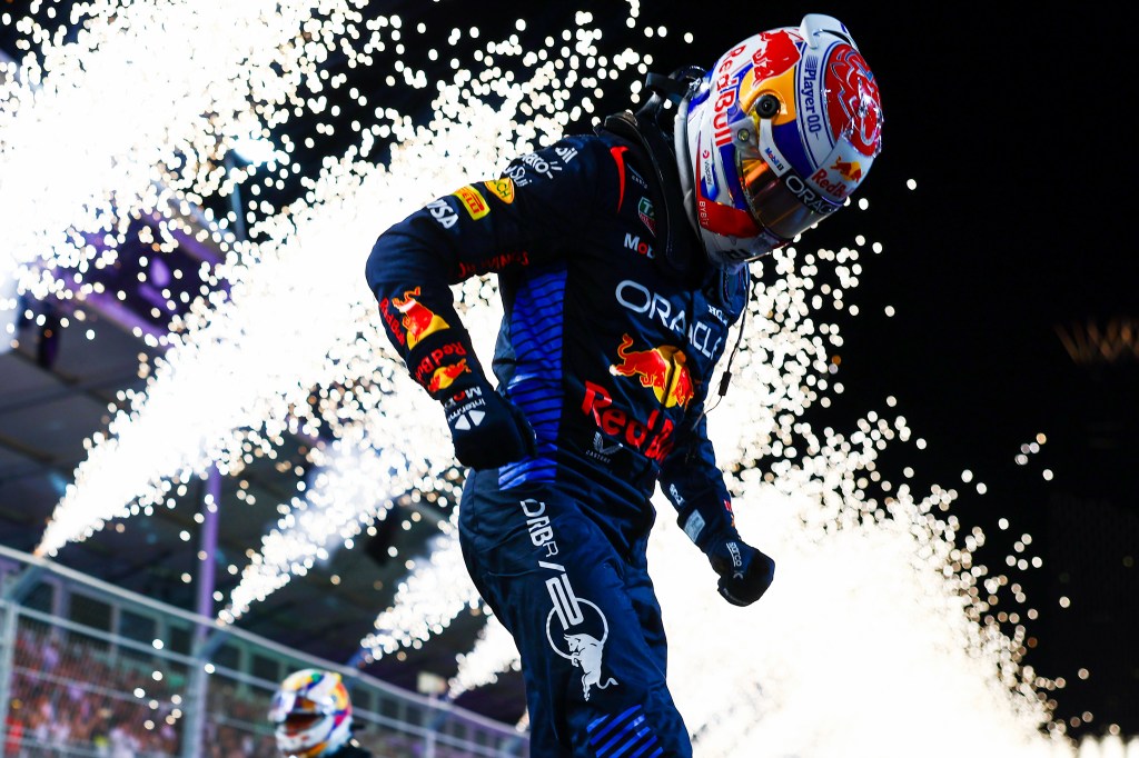 JEDDAH, SAUDI ARABIA - MARCH 09: Race winner Max Verstappen of the Netherlands and Oracle Red Bull Racing celebrates in parc ferme during the F1 Grand Prix of Saudi Arabia at Jeddah Corniche Circuit on March 09, 2024 in Jeddah, Saudi Arabia. (Photo by Mark Thompson/Getty Images)