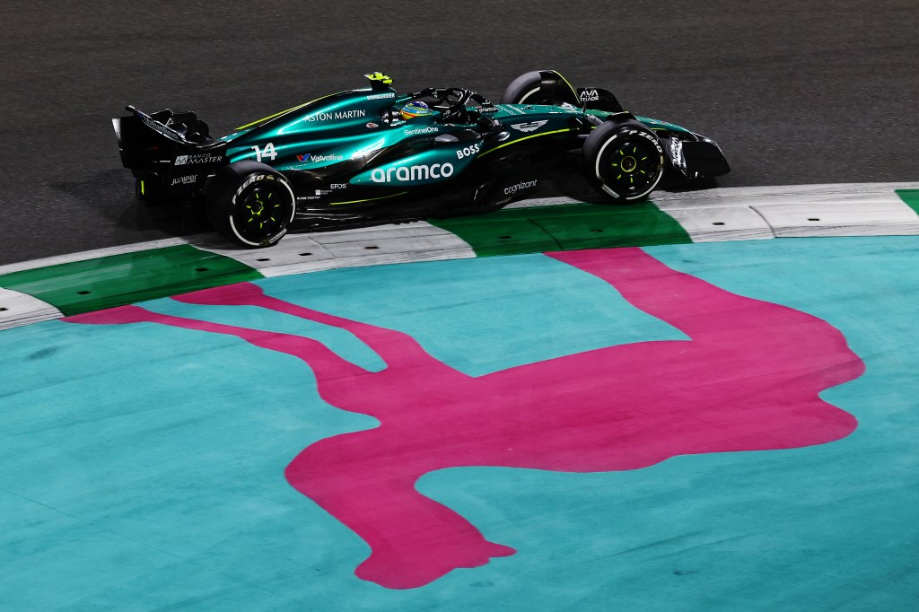 JEDDAH, SAUDI ARABIA - MARCH 09: Fernando Alonso of Spain driving the (14) Aston Martin AMR24 Mercedes on track during the F1 Grand Prix of Saudi Arabia at Jeddah Corniche Circuit on March 09, 2024 in Jeddah, Saudi Arabia. (Photo by Mark Thompson/Getty Images)