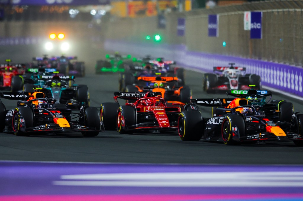 JEDDAH, SAUDI ARABIA - MARCH 09: Max Verstappen of the Netherlands driving the (1) Oracle Red Bull Racing RB20 leads the field at the start during the F1 Grand Prix of Saudi Arabia at Jeddah Corniche Circuit on March 09, 2024 in Jeddah, Saudi Arabia. (Photo by Eric Alonso/Getty Images)