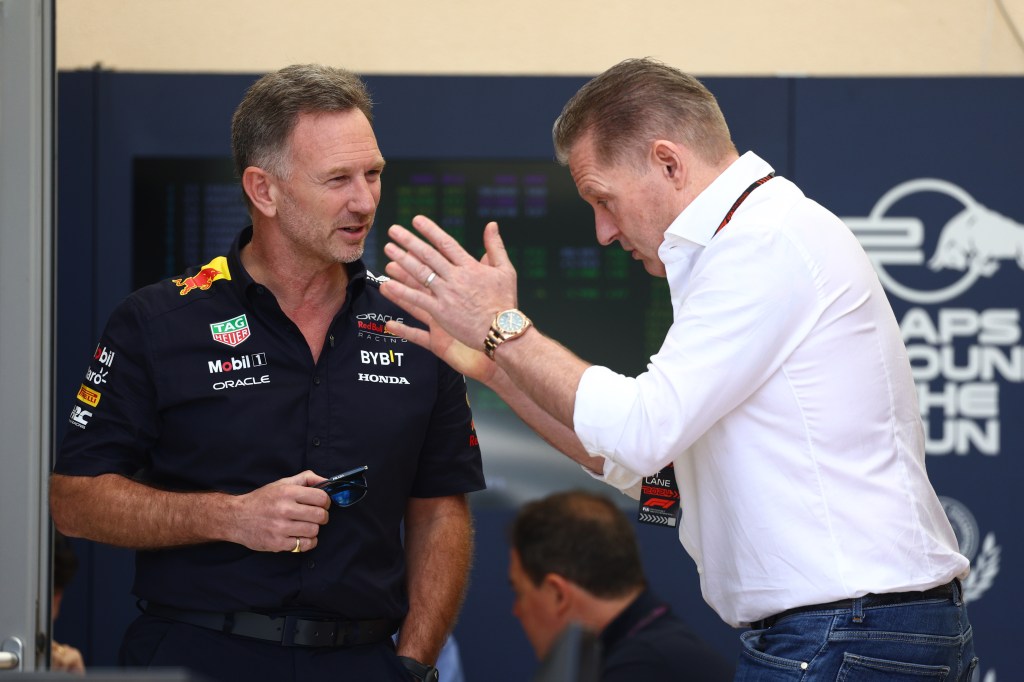 BAHRAIN, BAHRAIN - FEBRUARY 29: Oracle Red Bull Racing Team Principal Christian Horner talks with Jos Verstappen in the Paddock prior to practice ahead of the F1 Grand Prix of Bahrain at Bahrain International Circuit on February 29, 2024 in Bahrain, Bahrain. (Photo by Clive Rose/Getty Images)